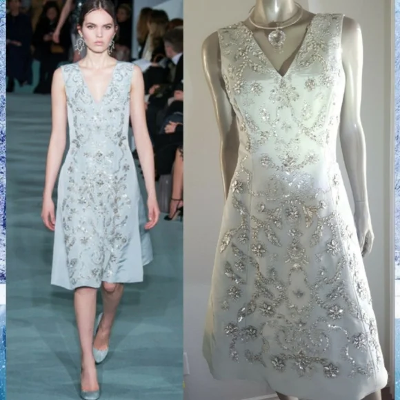 *$7,000 OSCAR DE LA RENTA EXCLUS SILK LIGHT BLUE CRYSTAL EMBROID RUNWAY DRESS 8